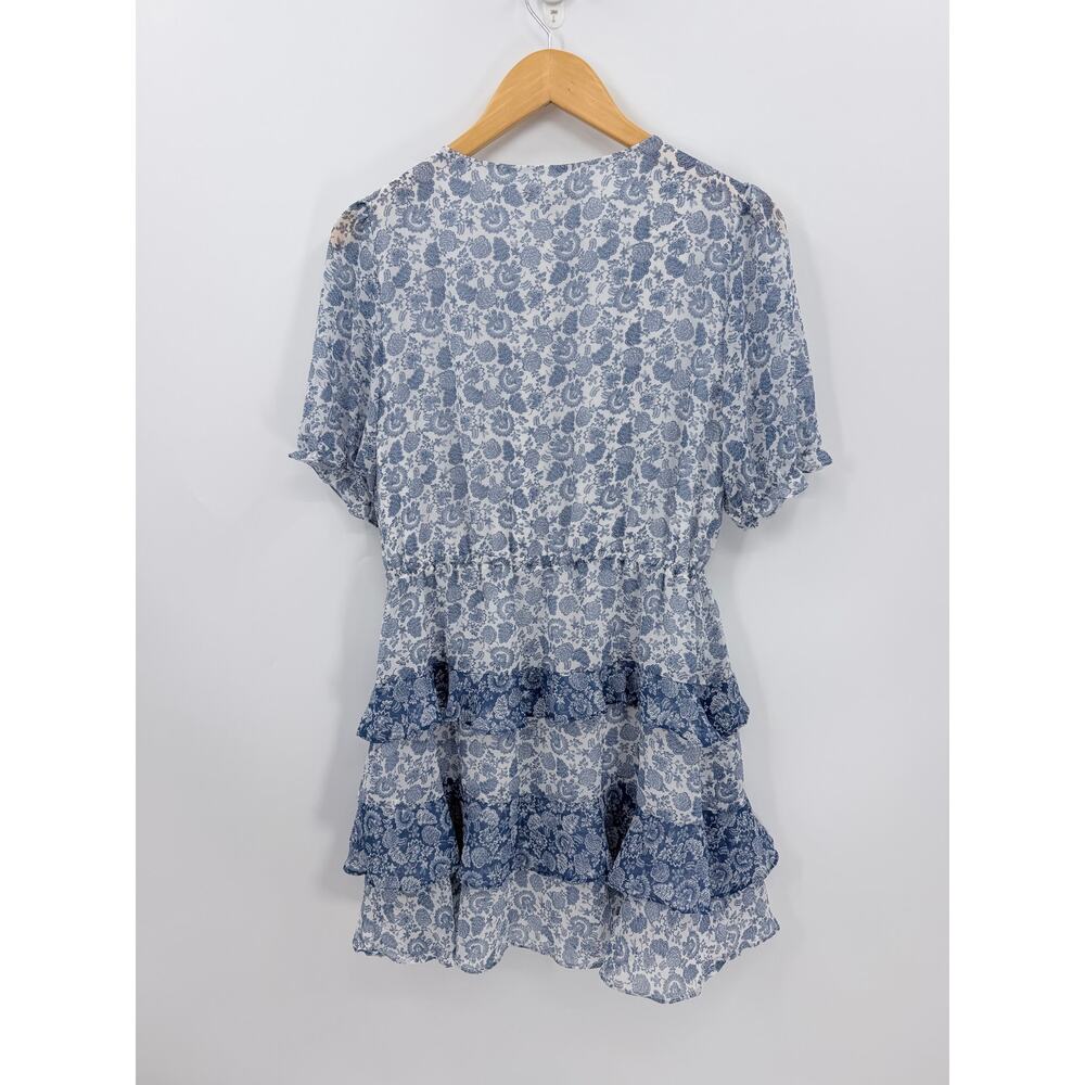 1.State Blue White Paisley Tiered Ruffle Mini Dress Puff Sleeve Tie Waist Medium - Picture 5 of 9